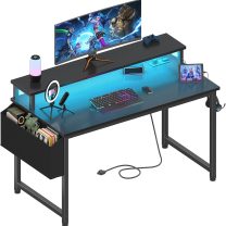 Lufeiya Black Gaming Desk with LED Lights and Power Outlets, 40 Inch Teen Writing Study Table Home Office Desks with Monitor Stand, Computer Desk with Charging Station USB Port, Black
